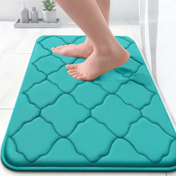 OLANLY Memory Foam Bath Mat Rug 24x16, Ultra Soft and Absorbent Bathroom Rugs, Non-Slip, Comfortable, Machine Washable Bath Carpet for Bathroom Floor, Tub, Shower and Home Decor Accessories, Teal | Thick Absorbent Carpet, Non-Slip Backing, Machine Wash...