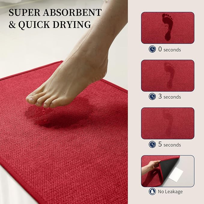 Red Toilet Rugs U Shaped 17.5"x24", Quick Dry Non Slip Contour Bath Mat, Absorbent Machine Washable Ultra Thin Bathroom Mats for Toilet Base