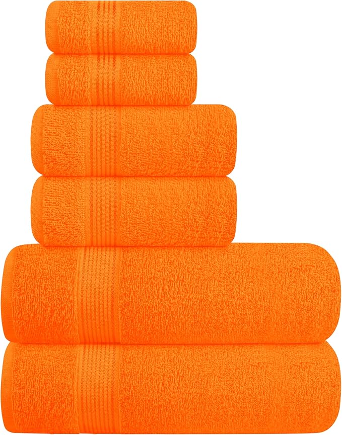 Ultra Soft 6 Pack Cotton Towel Set, Contains 2 Bath Towels 28x55 inch, 2 Hand Towels 16x24 inch & 2 Wash Coths 12x12 inch, Ideal for Everyday use, Compact & Lightweight - Orange