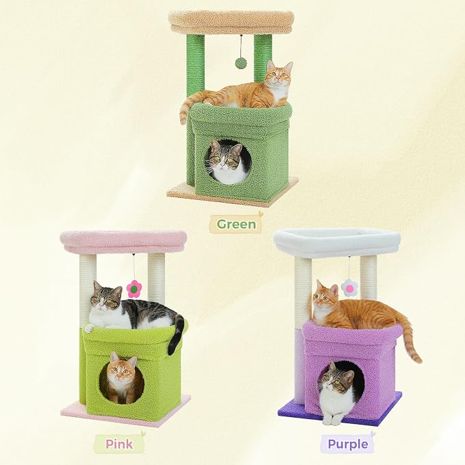 PEQULTI Indoor Cat Tree Tower Small Cats, Sisal Post & Cozy Condo, Green | Private soft cat condo, soft top perch, natural sisal scratch posts, plush pom-pom toy for indoor kitties