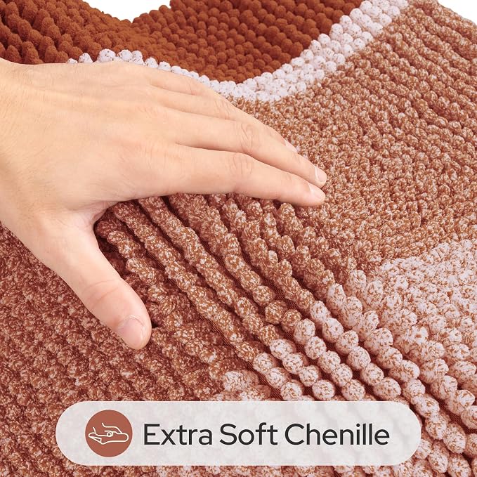 HOMEIDEAS Burnt Orange Bathroom Rugs Set, Chenille, 20"x32"+17"x24" | Non Slip Absorbent Bath Mats, Fluffy Striped Chenille Soft Shaggy Bath Rugs for Bathroom Floor and Tub, Machine Washable