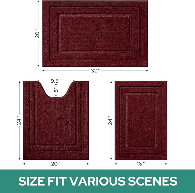 HOMEIDEAS Burgundy Red Bath Rugs Set of 3, Non Slip Bath Mats | Super Absorbent, Plush Microfiber, Machine Washable, Stain Resistant, Easy Care, Perfect for Modern Bathroom Decor