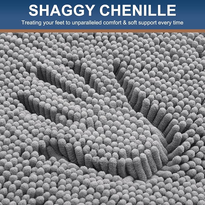 Smiry Chenille Bathroom Rugs Sets 2 Piece (34x21+30x20, Grey) | Soft Absorbent Machine Washable Non Slip Shaggy Bath Rug Set for Tub, Shower, and Floor, Home Decor