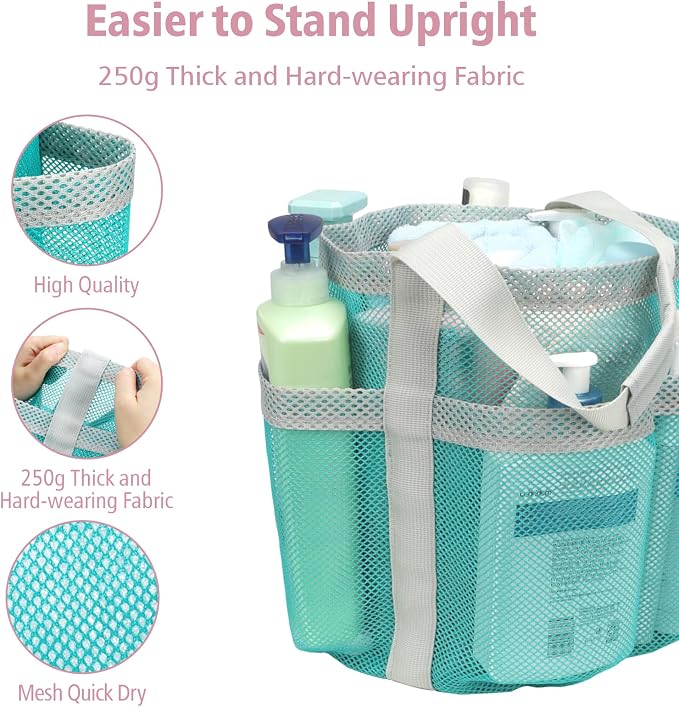 F-color Mesh Shower Caddy Portable, Large Capacity Shower Bag Basket Tote for College Dorm Room Toiletry Gym Rv Essentials, Bathroom with S Hook, Mint Green