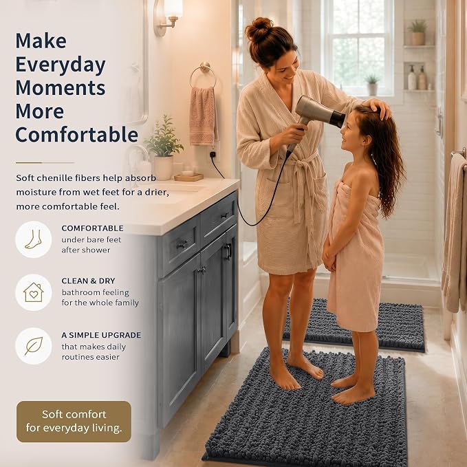 Yimobra Bathroom Rug Set 3 Piece, Super Absorbent Bath Mat Set, Dark Gray | Quick Dry Soft Chenille Bath Rugs & Toilet Rug, Non Slip Machine Washable, Extra Thick Shaggy Floor Mat for Shower Tub Sink