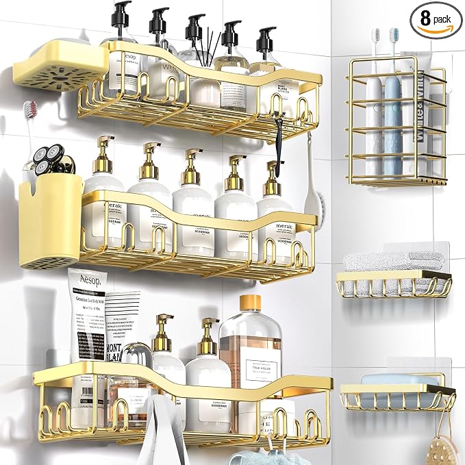 NESOMI Shower Caddy Adhesive Shower Organizer 8-Pack, Rustproof Stainless Steel Bathroom Shelves, Large Capacity No-Drill Rack Storage Accessories with Soap Dish Toothbrush Holder Hooks