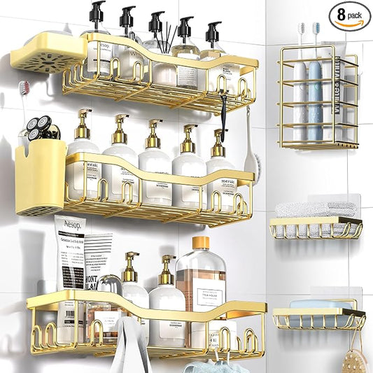 NESOMI Shower Caddy Adhesive Shower Organizer 8-Pack, Rustproof Stainless Steel Bathroom Shelves, Large Capacity No-Drill Rack Storage Accessories with Soap Dish Toothbrush Holder Hooks