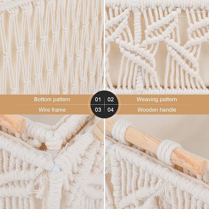 ANMINY 3PCS Macrame Storage Baskets for Organizing Boho Decor Baskets Storage Bins with Wood Handles Handmade Decorative Storage Boxes Desk Toilet Tank Bathroom Self Basket Organizer - Leaves