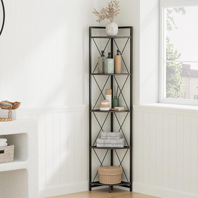 5 Tier Corner Shelf Stand, 64" H Tall Industrial Corner Bookshelf for Living Room Decor, Metal Corner Shelf, Plant Stand Display Shelf for Bedroom, Bathroom, Small Space, Black