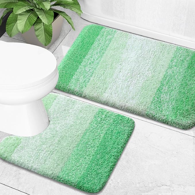 OLANLY Micorfiber Bathroom Rug Set 2 Piece, 30"x20"+U-Shaped 24"x20" | Green, Soft Absorbent Bath Mats and Contour Toilet Rug, Non-Slip, Machine Wash Dry, Plush Shaggy Bath Mats for Bathroom