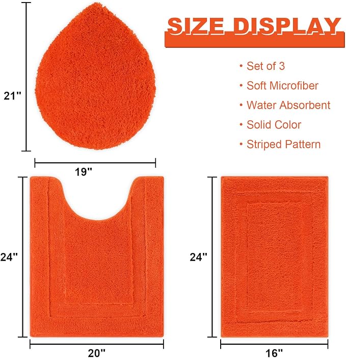 SHACOS Microfiber Bathroom Rugs Sets 3 Piece, Extra Soft Absorbent | Non Slip Bath Rugs Machine Washable Dry Shaggy Bath Mats with Toilet Lid Cover for Bathroom Floor, Tub and Shower (Orange)