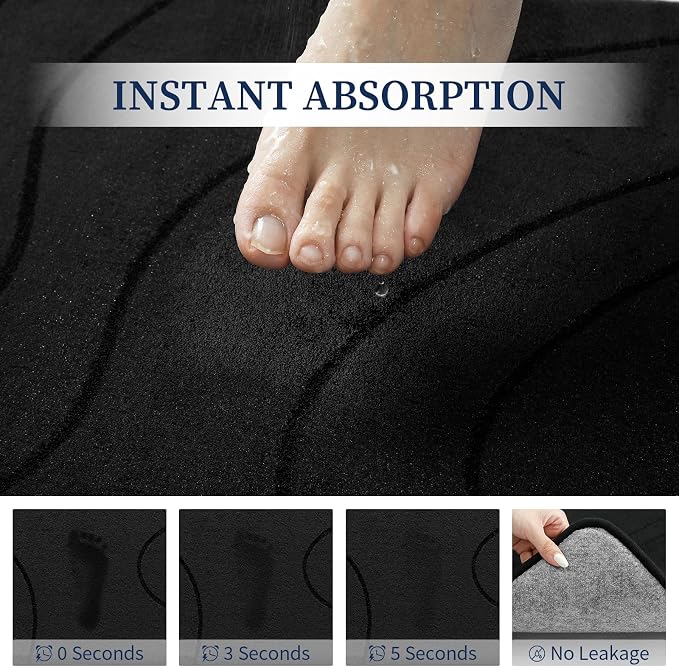 YIHOUSE Bathroom Rugs Sets 3 Piece - Thick Memory Foam Bath Mat, Black | Ultra Soft, Extra Thick, Super Absorbent, Non Slip, Machine Washable, For Bathroom Floor & Tub, 3 Pieces