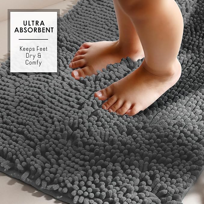 Hearth & Harbor Bathroom Rugs, Chenille Bath Mat - Machine Washable Bath Mats for Bathroom Non-Slip Backing Rubber, Quick Dry Bathroom Mat - Grey Bath Rug, 17x24