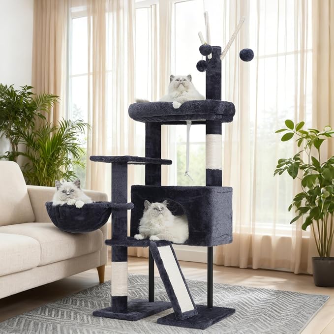 Cat Tree Tower for Indoor Cats, Top Platform with Toy, GCT006SG | 49.2 inch Cat Condo House, Sturdy Base, Scratching Post & Board, 3 Balls, Hanging Basket, Small Cats and Kittens, Drak Gray