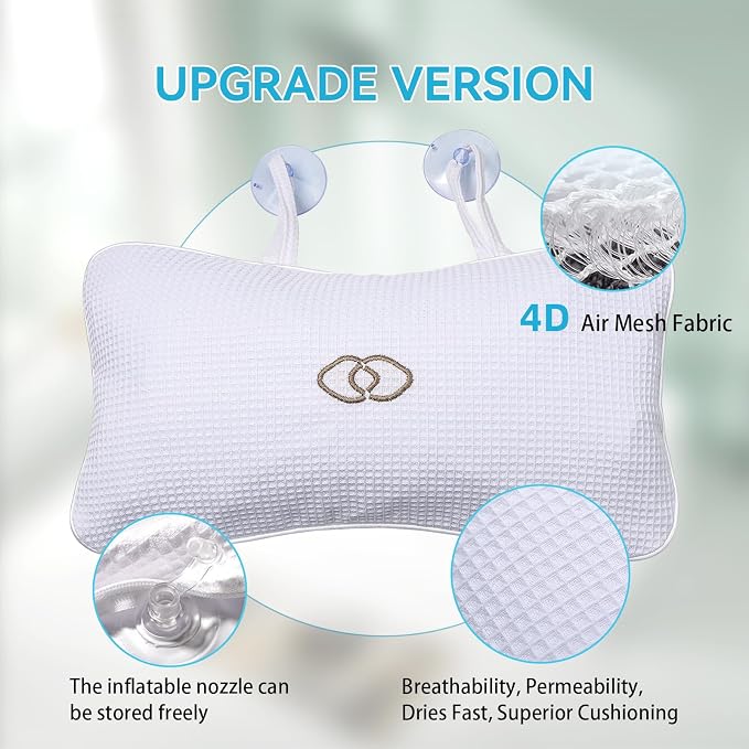 YUET Anti-Slip Non-Slip Bathtub Pillow Home Spa Bath Inflatable Cushion Head Neck Back Shoulders Rest Relax Suction Cup Bathroom Support for Hot Tub Luxurious Headrest