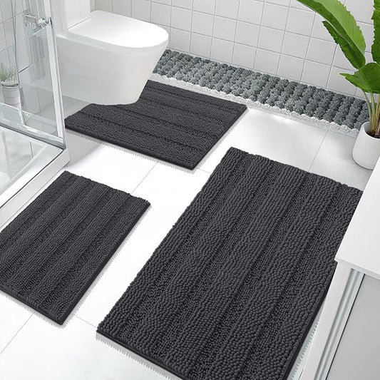 OLANLY Thick Chenille Bathroom Rugs Sets 3 Piece, 36"x24"+24"x16"+24"x20" | Dark Grey, Absorbent Bath Mats and U-Shaped Contour Toilet Rug, Home Decor Accessories, Bath Mat Set for Bathroom