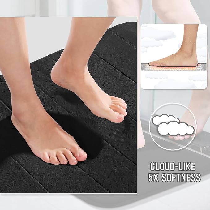 Yimobra Memory Foam Bathroom Rugs Sets 2 Piece - Super Soft Absorbent Quick Dry Bath Mat Set, Machine Washable Non Slip Floor Carpet for Tub Shower & Single Sink (17x24 & 31.5x20 Inch, Black)
