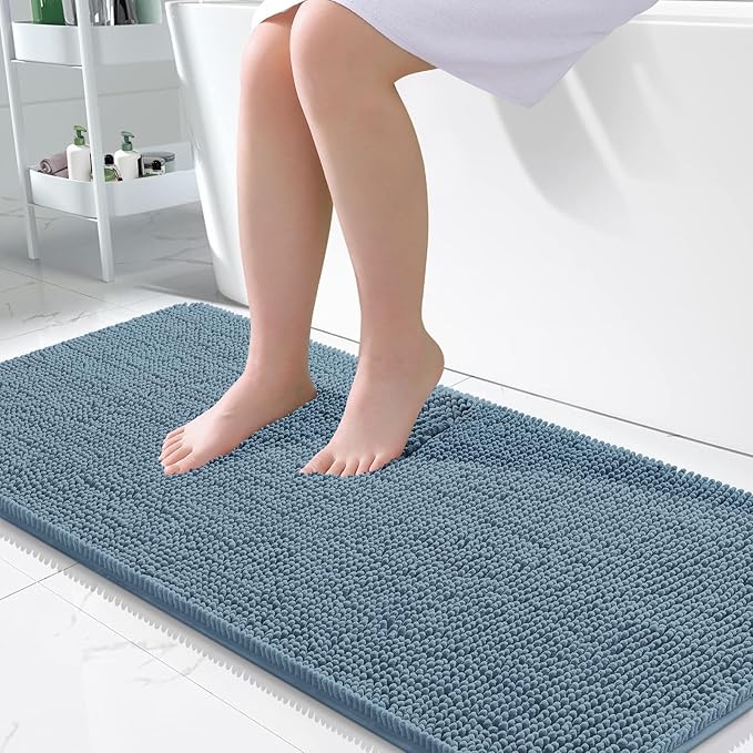 OLANLY Bathroom Runner Rugs 45x27, Extra Soft Absorbent Chenille Bath Rugs | Airy Blue, Quick-Drying Rubber Backing, Washable Long Bath Mat for Bathroom Floor, Tub and Shower, Home Decor Accessories