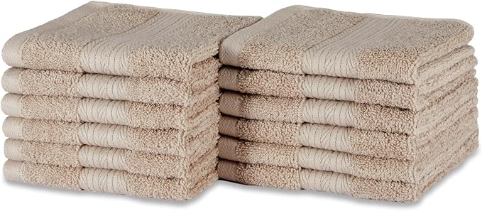Amazon Basics Fade-Resistant Highly Absorbent 100% Cotton Washcloths, Machine Washable, 12"x12", Taupe, 12-Pack