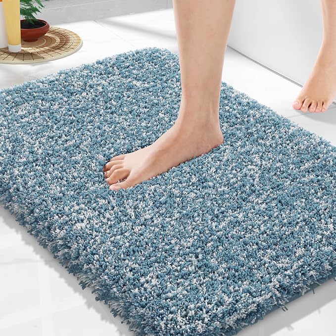 Yimobra Bathroom Rugs Non Slip Washable, Ultra Soft and Water Absorbent Bath Mats, Plush Fluffy Shower Mat Outside, Microfiber Thick Matts for Bathroom Floor/Sink, 24X17, Denim Blue and White