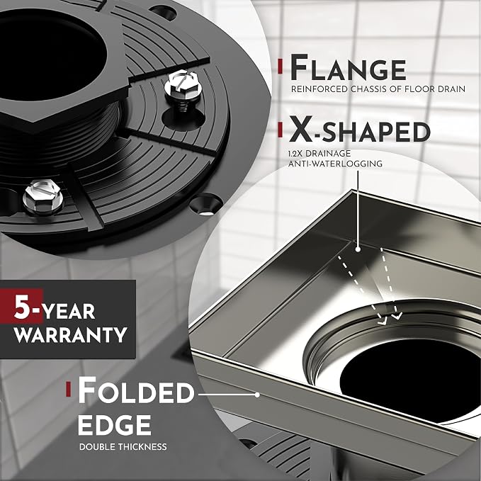WEBANG 6 Inch Square Shower Drain Nickel Floor Drain with Flange Wave-Hole Pattern Cover Grate Removable SUS304 Stainless Steel Watermark&CUPC Certified Brushed Nickel