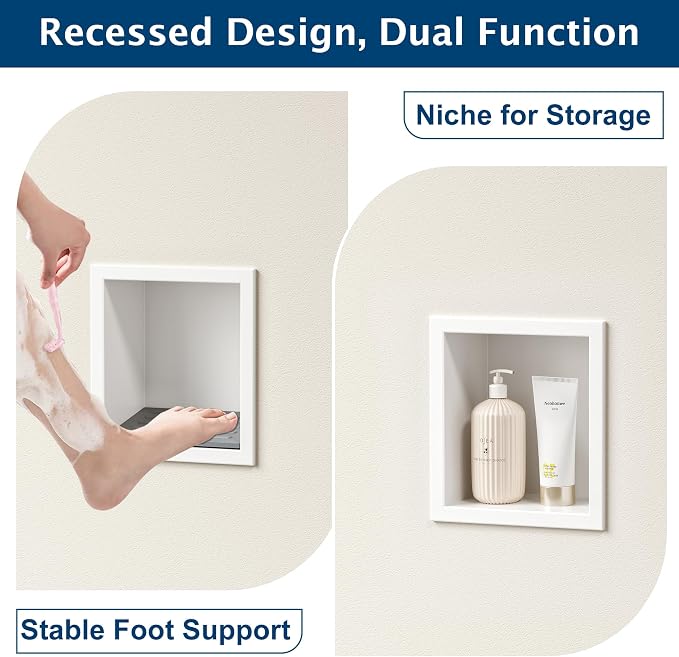 Neodrain Shower Foot Rest for Shaving Legs, 304 Stainless Steel Shower Niche, Recessed Shower Step for Shaving Legs,Niche for Shower Wall, Bathroom Foot Rest (White, 6.7" x 6")