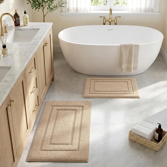 HOMEIDEAS Bathroom Rugs Sets 2 Piece, Super Soft and Absorbent Non Slip Microfiber Machine Washable Bath Mat Set (20" x 32" + 16" x 24", Beige) | Ultra Absorbent, Microfiber Machine Washable Bath Rug Set, for Bathroom, Tub, Shower 20" x 32" + 16" x 24"