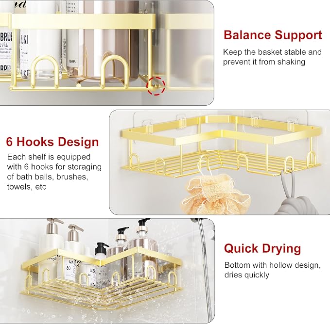 Liuoud Corner Shower Caddy 5 Pack, Rustproof Stainless Steel Shower Organizer with Soap Rack Toothbrush Holder, Large Capacity Adhesive No Drilling Bathroom Kitchen&Home Decor Set, Gold