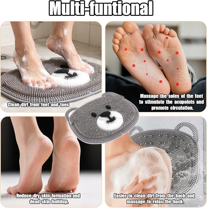 Kalolary Silicone Shower Foot Scrubber Mat，Back Exfoliating Cleaner Foot Scrubber in Shower with Non-Slip Suction Cups Cleaner Brush to Exfoliate and Massage Feet Without Bending Over (Cute Bear)