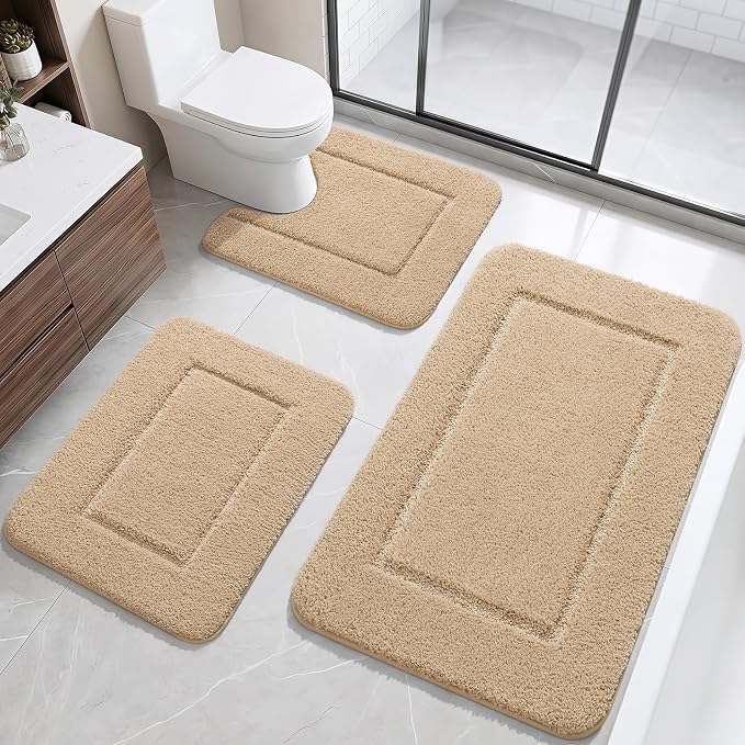 LOCHAS Bathroom Rug Set 3 Piece, Bath Rugs Sets Non Slip Backing, Beige | Washable Absorbent Microfiber Bath Mat Set, Soft Cozy Bathroom Mat for Shower Sink Toilet