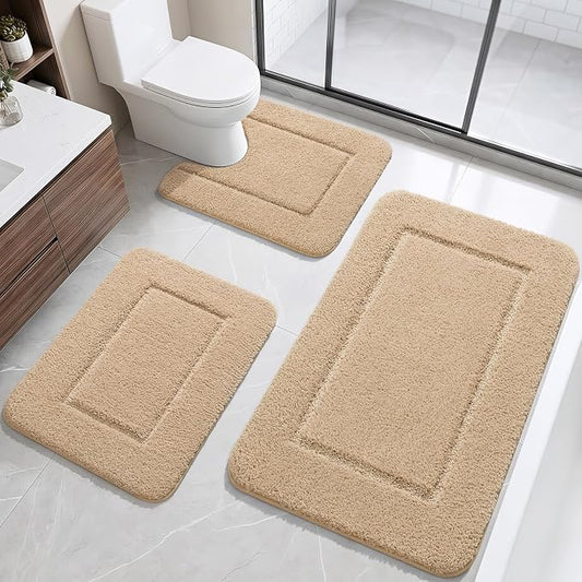 LOCHAS Bathroom Rug Set 3 Piece, Bath Rugs Sets Non Slip Backing, Beige | Washable Absorbent Microfiber Bath Mat Set, Soft Cozy Bathroom Mat for Shower Sink Toilet