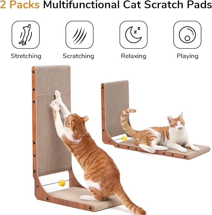 FUKUMARU Cat Scratcher for Indoor Cats, 26.8 Inch Cat Scratch Pad L Shaped | 2 Packs Cardboard Cat Scratcher, Vertical Cat Scratching Board with Ball Toy, Walnut Color