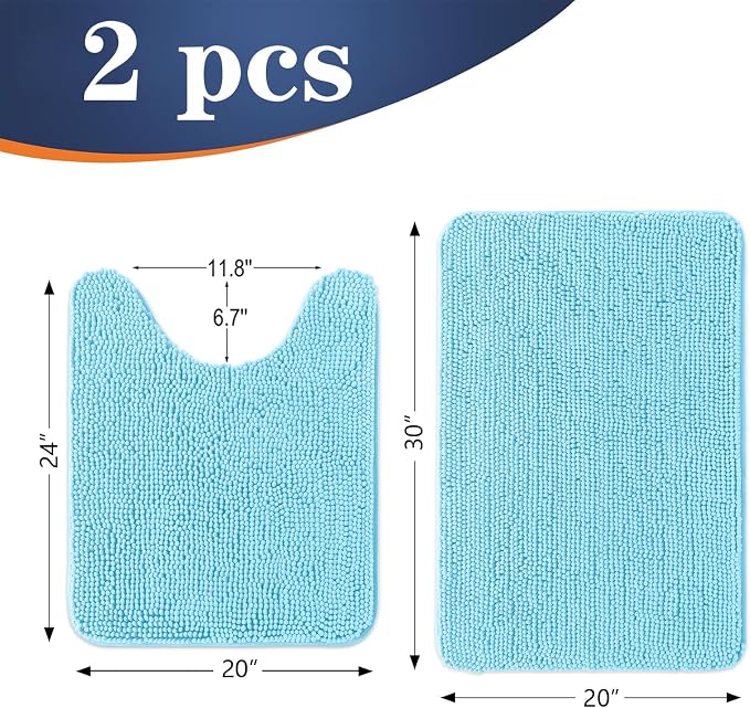 OLANLY Chenille Bathroom Rugs Mats Sets 2 Piece, 30"x20"+24"x20", Sky Blue | Soft Absorbent Bath Mat and U-Shaped Contour Toilet Rug Set, Quick Dry, Machine Washable Bath Carpet, Home Decor Accessories