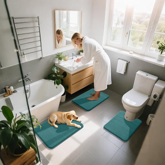 Yimobra Memory Foam Bath Mat Set 3 Pieces- Super Soft Absorbent Quick Dry Bathroom Rug Sets, Machine Washable Non Slip Floor Carpet for Tub Shower, Vanity & Toilet Base, Teal