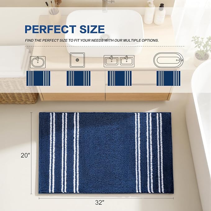 Kmson Bathroom Rugs Mat, 20"x32" Ultra Soft Washable Shaggy Chenille Bath Rugs, Non-Slip Fluffy Thick Water Absorbent Microfiber Mat for Bathtub, Sink and Shower, Navy Blue