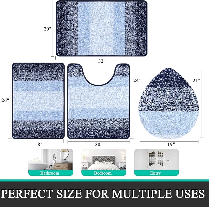 Bsmathom Bathroom Rug Set 4 Piece, Plush Microfiber Bath Mat, Navy Blue | Super Water Absorbent, Non Slip Machine Washable Bath Rug Sets with Toilet Lid Cover and U-shaped Contour Toilet Mat
