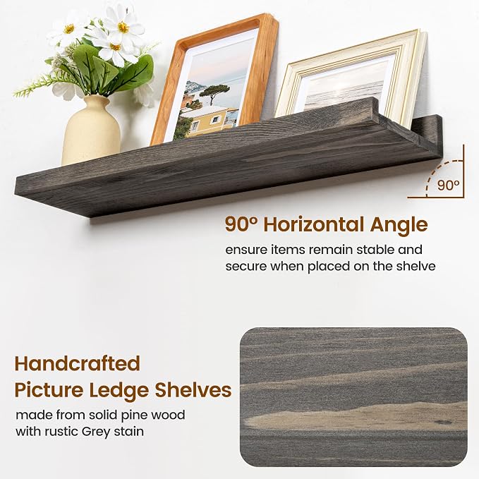 FLYJOE Picture Ledge Wall Shelves 16 inch Width Set of 2, Solid Pine Wood Rustic Floating Ledge Shelves for Wall for Kids' Room Bedroom Kitchen Bathroom Living Room Nursery Display Wall Decor, Grey
