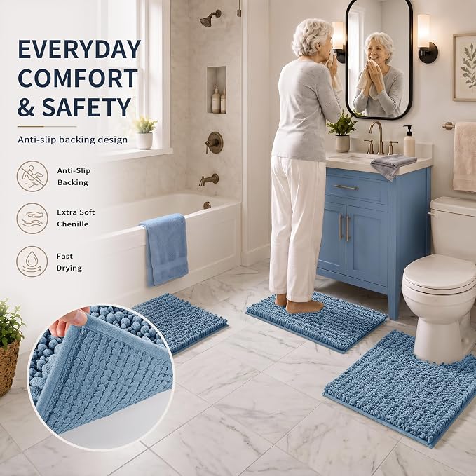Yimobra Bathroom Rug Set 3 Piece, Super Absorbent Bath Mat Set, Denim Blue | Quick Dry Soft Chenille Bath Rugs & Toilet Rug, Non Slip Machine Washable, Extra Thick Shaggy Floor Mat for Shower Tub Sink