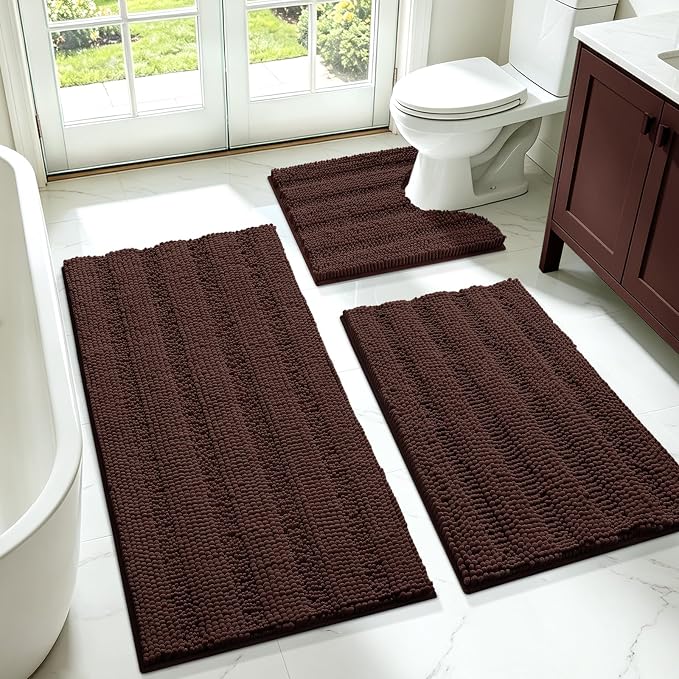 ACCUMTEK Striped Brown Bathroom Rug Set 3 Pieces Ultra Soft, Non Slip Chenille Toilet Mat, Absorbent Plush Shaggy Bath Mats for Bathroom, Bedroom, Kitchen