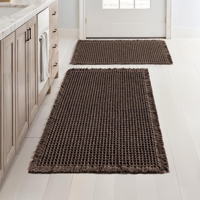 MIULEE Set of 2 Waffle Bathroom Rugs Chocolate Bath Mat 17"x24"+20"x32" | Non Slip, Super Absorbent, Washable, Ultra Soft, Rubber Backed Bath Rugs for Bathroom Floor Tub Shower, Boho Decor