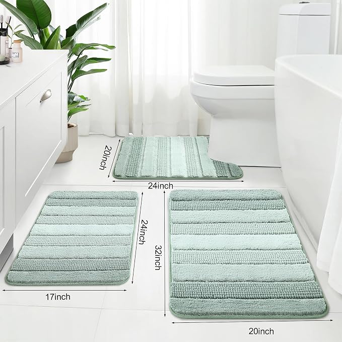 Kmson 3 Pcs Ombre Chenille Bathroom Rugs Set, Non-Slip Ultra Soft Washable Shaggy Bath Rugs for Bathtub, Thick Water Absorbent Microfiber Shower Mat Green