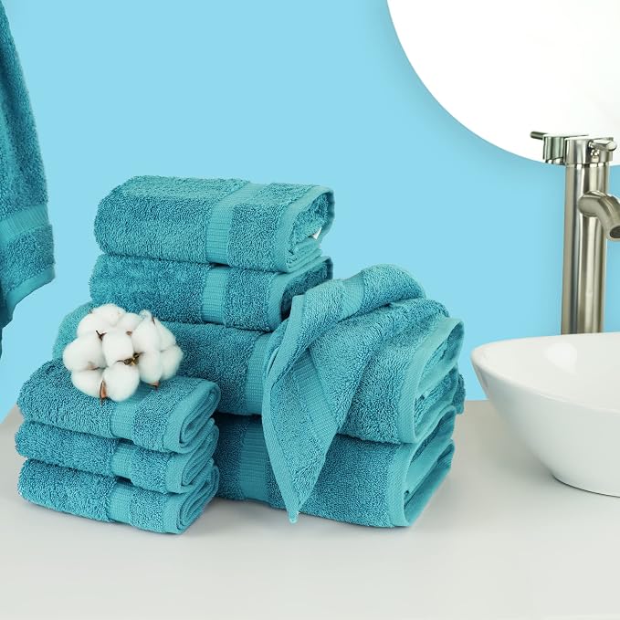 Chakir Turkish Linens 100% Cotton 8-Piece Towel Set, Aqua | 100% cotton 8-pc set, OEKO-TEX certified: 2 bath 27x54, 2 hand 16x30, 4 washcloths 13x13