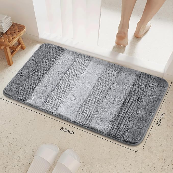 Kmson Ombre Chenille Bathroom Rugs, 20"x32" Non-Slip Bath Mat for Bathroom Floor & Bathtub, Ultra Soft Washable Shaggy Bath Rugs, Fluffy Thick Water Absorbent Microfiber Shower Mat Grey