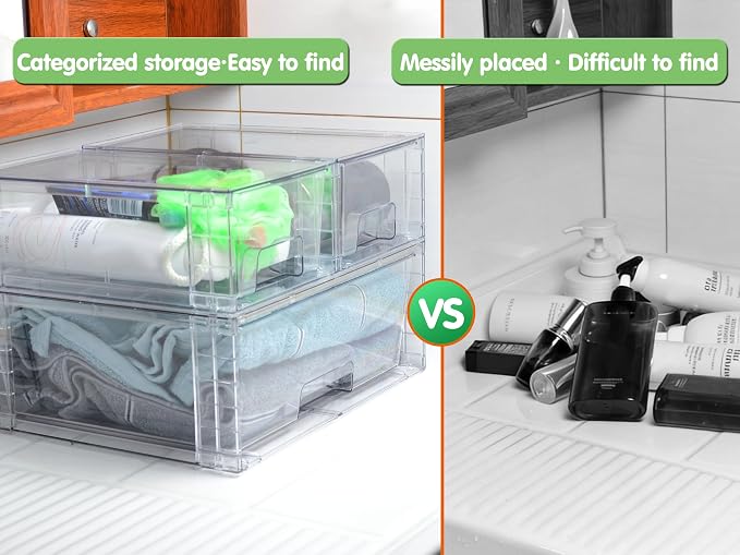 Stackable Storage Drawers(3 Pack),High-strength Clear Plastic Multi-purpose Organizer Bins with Handles, Easily Assemble Acrylic Drawers for Bathroom Closet Cabinet Pantry Under Sink