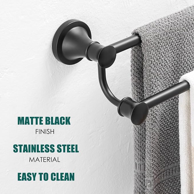 Hoimpro Adjustable Retractable 15-27 Inches Stainless Steel Bathroom Towel Bar, Bathroom Accessories Bath Hotel Double Towel Bar Rod Hanger Wall Mounted Towel Holder Towel Rack, Matte Black