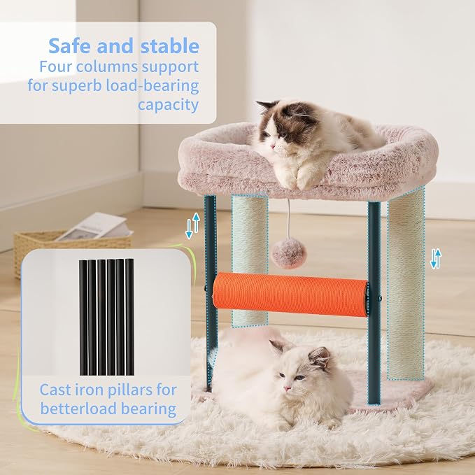 Hey-brother Cat Tree, Sturdy Tower with Sisal-Wrapped Columns, MPJ010SMU | 18.9 Inches Cats Scratching Posts with Bed, Plush Toy Ball for Indoor Kittens, Muchroom