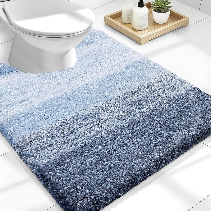 OLANLY Luxury Toilet Rugs U-Shaped 24x20, Soft Absorbent Microfiber Mat | Blue, Non-Slip Quick-Drying Rubber Backing, Machine Washable Plush Contour Bath Mat for Toilet Base, Home Decor Accessories