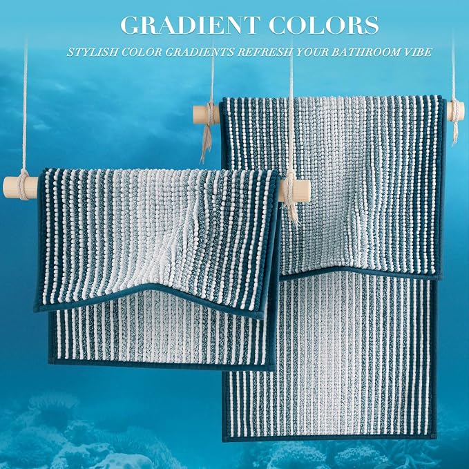 Bathroom Rugs Sets 2 Piece, Non Slip Striped Bath Mats, Teal | 24"x70" Plus 20"x32", Soft Absorbent Chenille, Quick Dry Machine Washable, Shower Rug for Bathroom Floor, Tub, Bedroom Decor