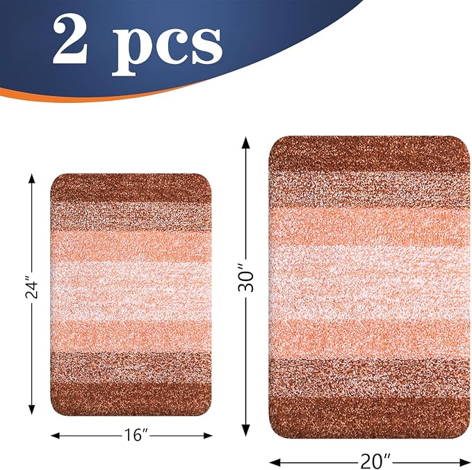 OLANLY Micorfiber Bathroom Rug Set 2 Piece, 30"x20"+24"x16" | Orange, Soft Absorbent Bath Rug Set, Non-Slip, Machine Wash Dry, Plush Shaggy Bath Mats for Bathroom