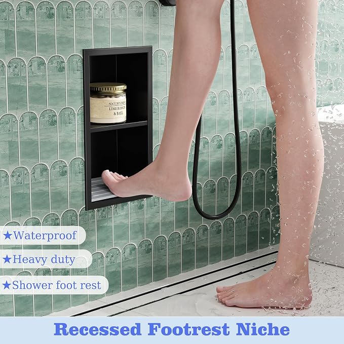 Neodrain Shower Foot Rest for Shaving Legs, 304 Stainless Steel Shower Niche, Recessed Shower Step for Shaving Legs,Niche for Shower Wall, Bathroom Foot Rest (Matte Black, 12.3"x 6")